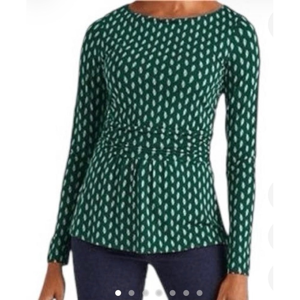 Boden Green Leaf Print Ruched Peplum Long Sleeve Top US 6P UK 10P Cottagecore